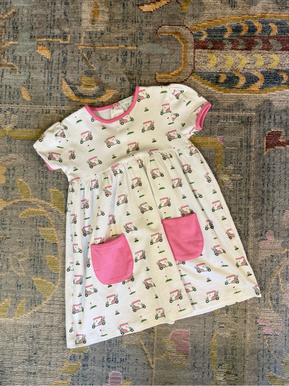 Girls White & Pink Golf Cart Print Pocket Play Dress 4T Cotton